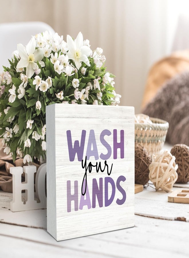 SRADMO Kids Bathroom Quote Wash Your Hands Wood Box Sign Desk Decor, Funny Bathroom Purple Wooden Block Box Sign Decoration for Kids Washroom Restroom Toilet Shelf Table Decorative Accessories - Image 3